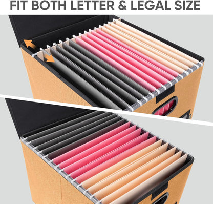 BALEINE File Organizer Box with Lid, Collapsible File Folder Organizer with Plastic Slide, Hanging File Folder Box for Office Document Storage (Black)
