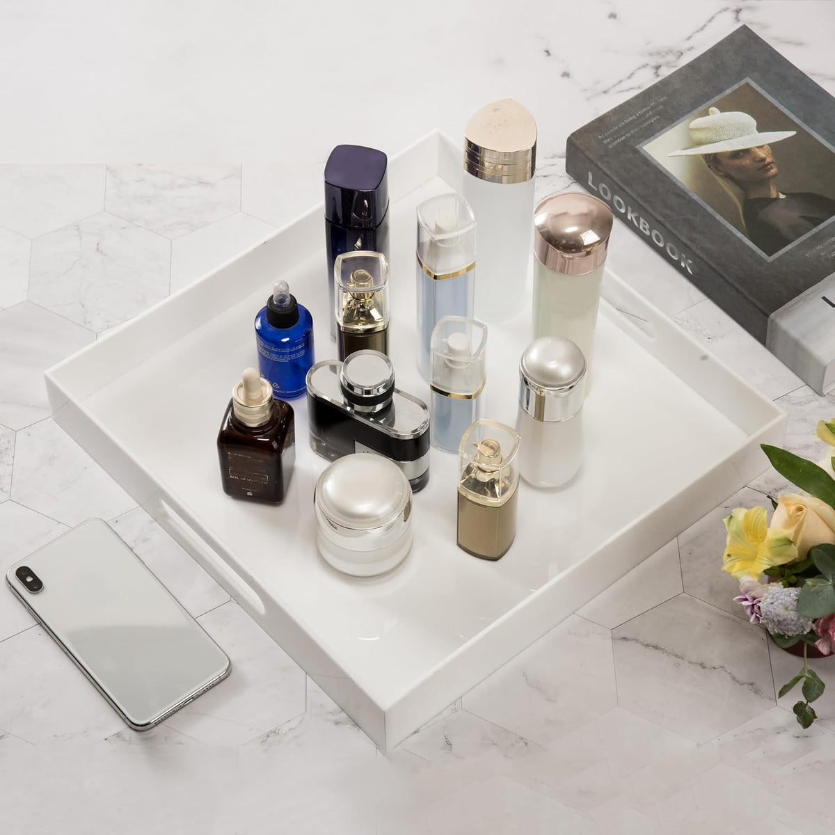 KEVLANG Glossy White Sturdy Acrylic Serving Tray with Handles-12x20 Inch-Serving Coffee Appetizer Breakfast-Kitchen Countertop Makeup Drawer Organizer-Vanity Table Ottoman Decorative Tray