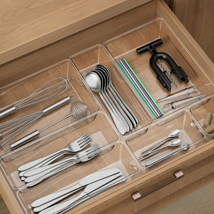 Clear Drawer Organizer Set, 3 Sizes Bathroom Vanity Organizer Trays and Storage Bins for Makeup, Cosmetics, Jewelry, and Gadgets. Perfect for Office, Kitchen, Bedroom, Bathroom Use.