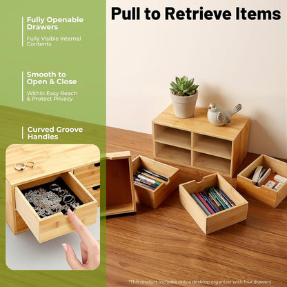 Desk Organizer, Office Vanity Bamboo Desk Organizer, Mini Bamboo Desk Drawer Tabletop Storage Box with 2 Drawer Night Stand Table Organizer for Makeup Vanity Office Supplies (2 Drawer)