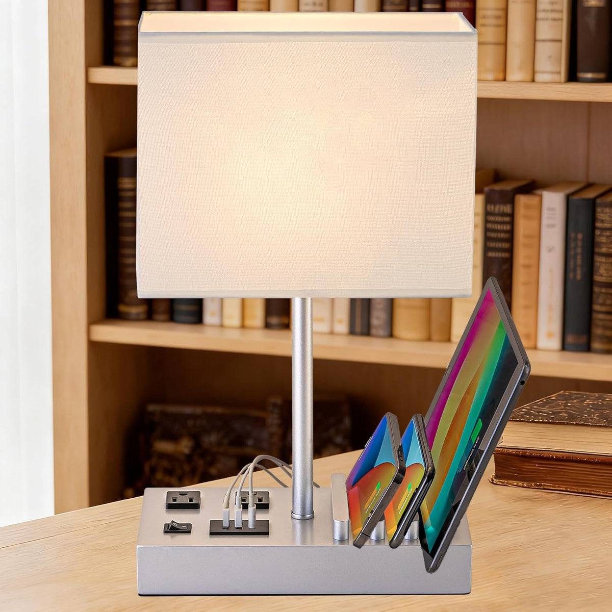 Dreamholder Desk Lamp with 3 USB Charging Ports, Table Lamp with 2AC Outlets and 3 Phone Stands, Nightstand Bedside Lamp with Natural Wooden Base and Cream Linen Shade