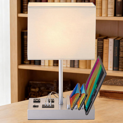 Dreamholder Desk Lamp with 3 USB Charging Ports, Table Lamp with 2AC Outlets and 3 Phone Stands, Nightstand Bedside Lamp with Natural Wooden Base and Cream Linen Shade