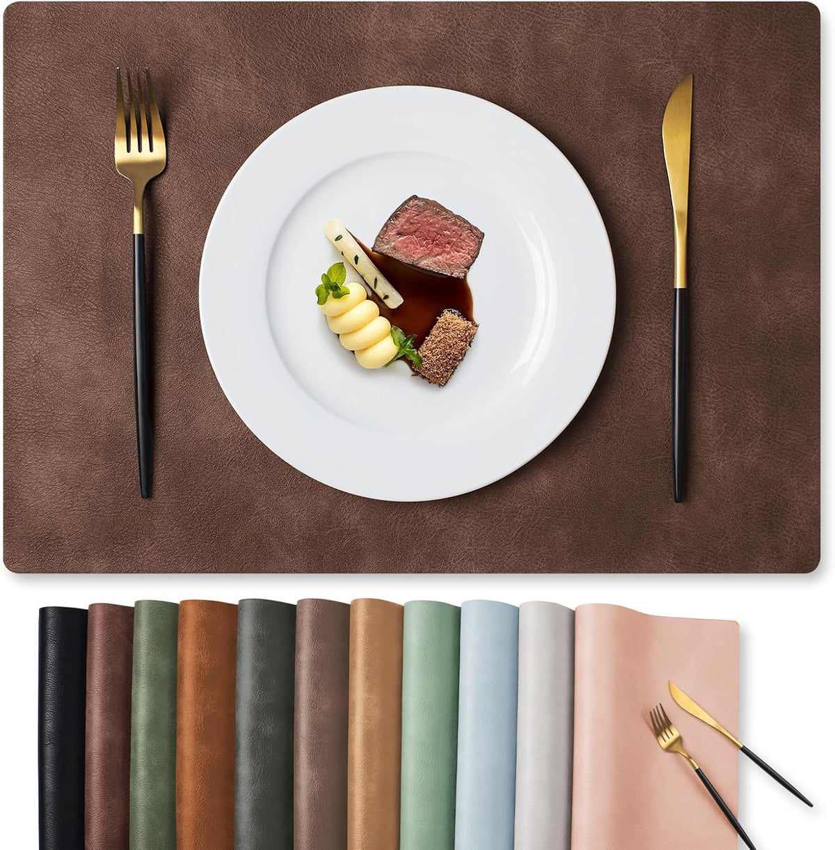 MOSAYT Vinyl Placemats Set of 6-12 X 17 Inch - Faux Leather 100% Waterproof Oil-Proof Wipeable PU Place Mats, Heat Resistant Reversible Table Mats for Kitchen, Dining, Outdoor, Reddish Brown