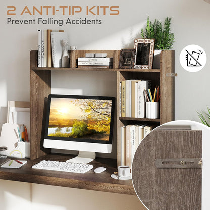 Desktop Bookshelf, Countertop Storage Hutch with 5 Shelves for Computer Desk, Desk 3-Tier Display Rack, Multipurpose Wood Desktop Hutch Storage Organizer for Dorm Office Home