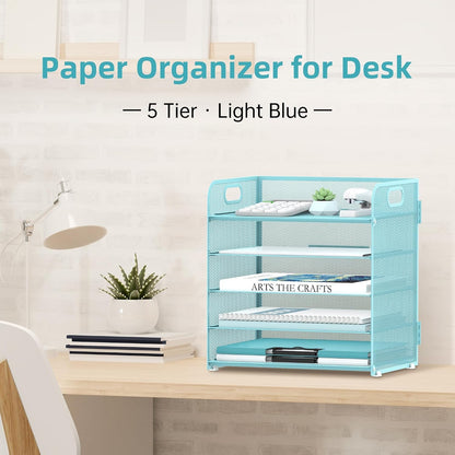 Supeasy 5 Trays Paper Organizer Letter Tray with Handle-Mesh Desk File Holders, Paper Sorter Desk Organizer for Office, Home, Classroom or School
