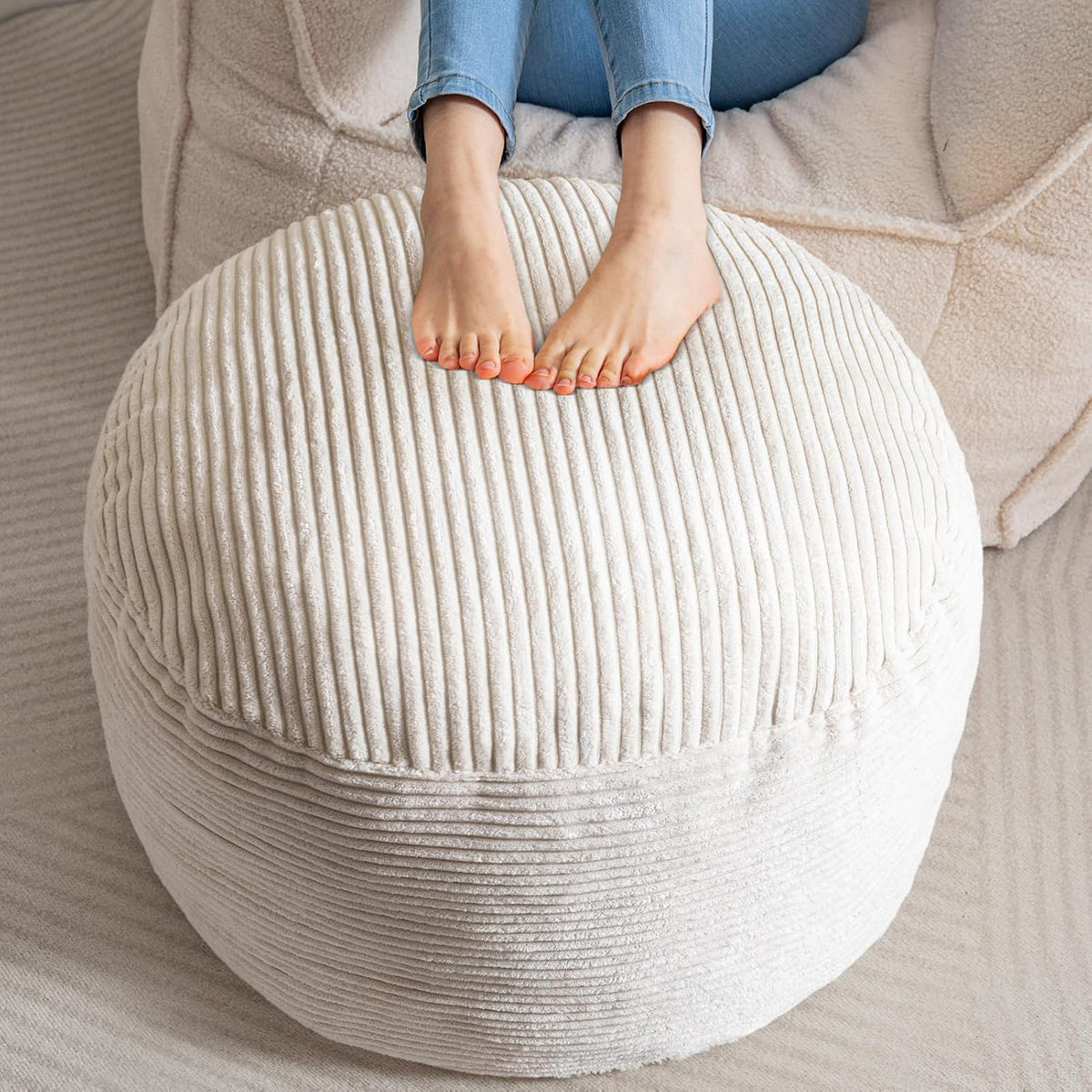 Round Stuffed Pouf Ottoman, Corduroy Poufs with Foam Chunk Filling, Furry and Fluffy Pouf Foot Stool Storage Ottoman, 20 X 15 Floor Poufs Foot Rest for Living Room, Dark Grey