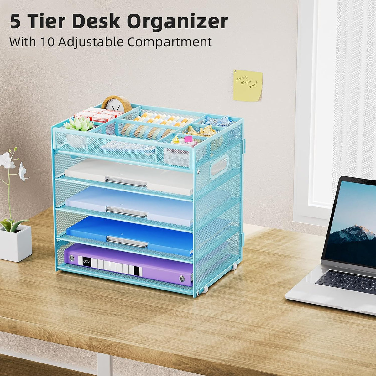 Marbrasse 5 Tier Paper Organizer Letter Tray, Mesh Desk File Organizer with Handle, Paper Sorter Desk Organizer for Home Office Supplies - Black, Adjustable