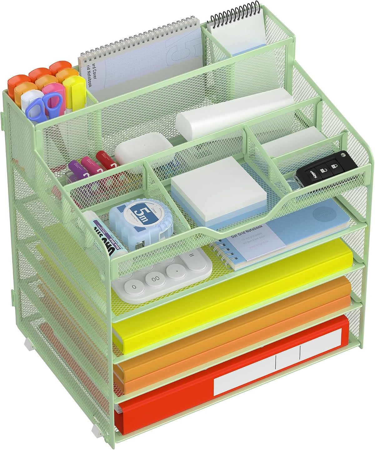 Docnest 5 Tier Mesh Desk Organizer for Paper Office Supplies – Multi-Functional Letter Tray with 5 Adjustable Compartments, 3 Pen Holders, Desktop Storage for Files, Mail, Stationery – Black