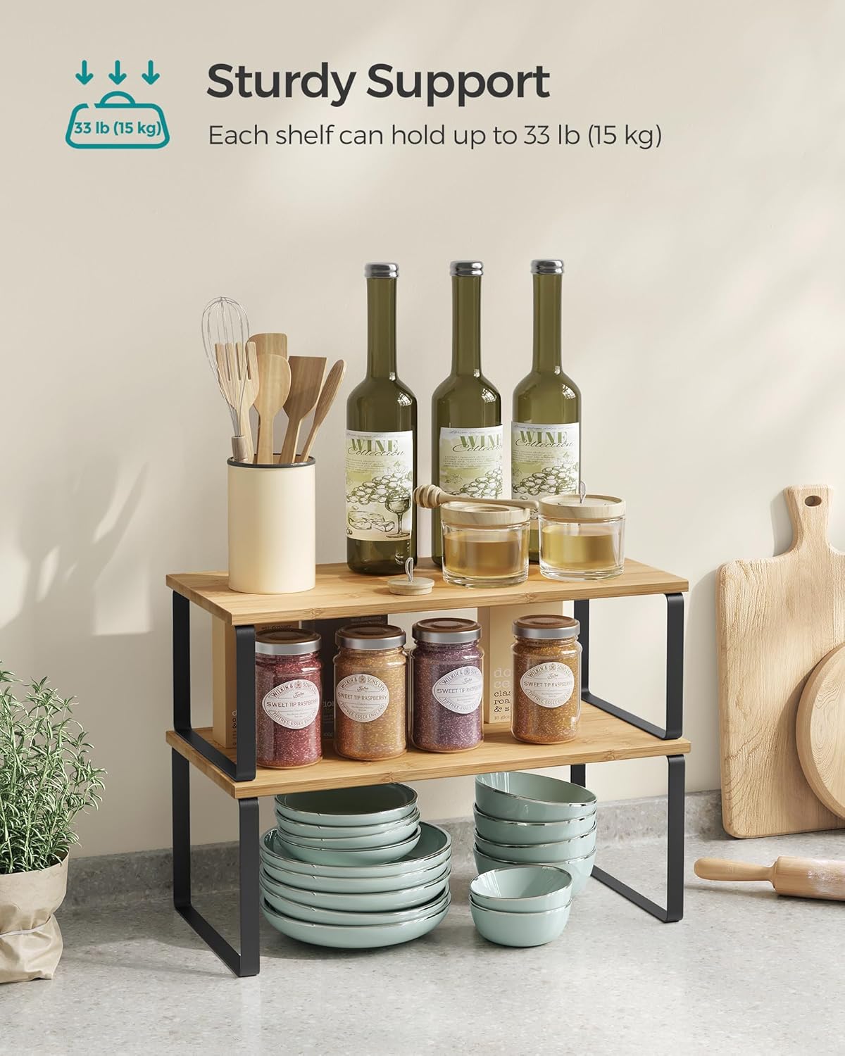 SONGMICS Cabinet Organizer Shelf, Set of 4 Kitchen Counter Shelves, Kitchen Storage, Spice Rack, Stackable, Expandable, Metal and Engineered Wood, Cloud White and Natural Beige UKCS010N01