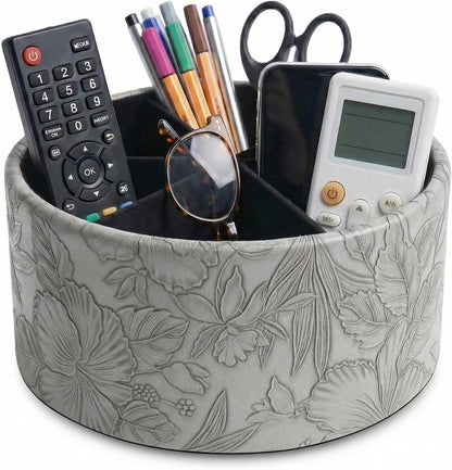 Round Leather Art Supply Organizer,Remote Control Holder,360 Degree Rotating,Multi-Functional Pencil Holder,4 Compartments Desktop Stationary Organizer(1-Blue Bird) - Colors A