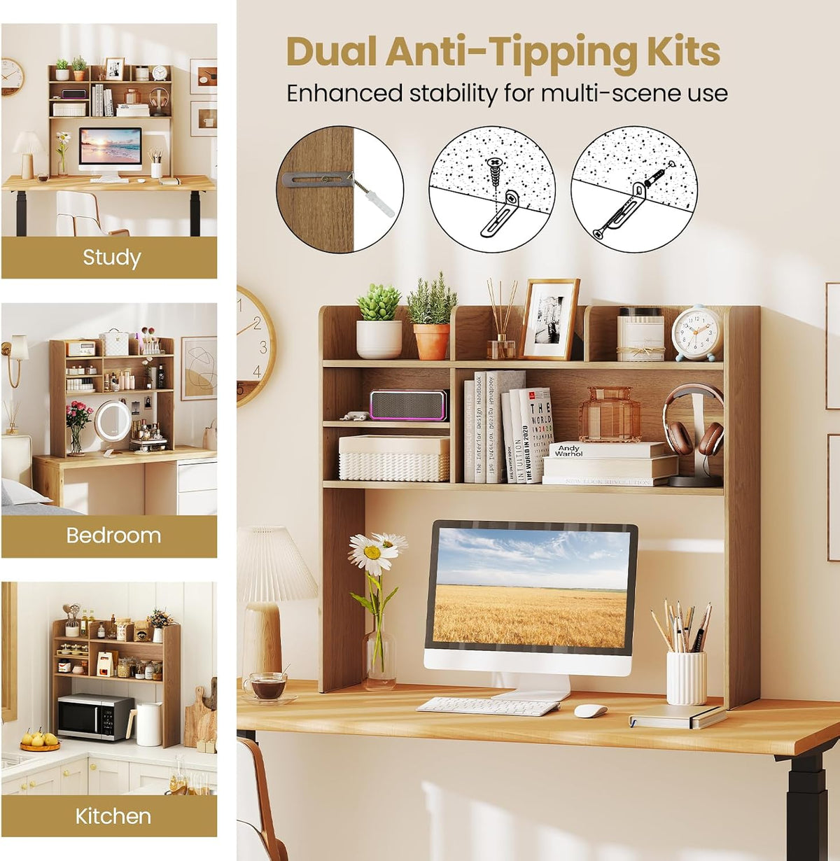 Desktop Bookshelf, Countertop Storage Hutch with 5 Shelves for Computer Desk, Desk 3-Tier Display Rack, Multipurpose Wood Desktop Hutch Storage Organizer for Dorm Office Home