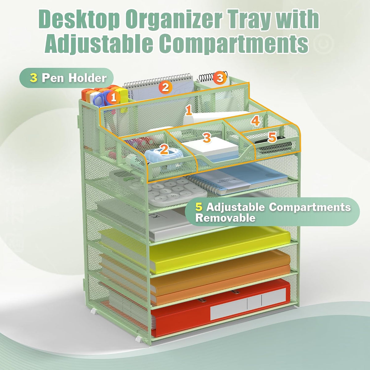 Docnest 5 Tier Mesh Desk Organizer for Paper Office Supplies – Multi-Functional Letter Tray with 5 Adjustable Compartments, 3 Pen Holders, Desktop Storage for Files, Mail, Stationery – Black