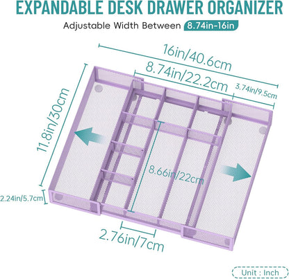 Expandable Desk Drawer Organizer Tray with 10 Adjustable Compartments, Metal Mesh Office Drawer Organizer, Versatile Desk Organizer for Home, School Supplies, Makeup Vanity & Jewelry (Black)