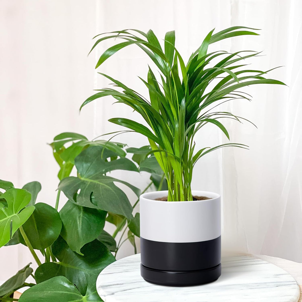 D'vine Dev 4.7 Inch Ceramic Planter Pot with Drainage Hole and Saucer, Indoor Cylinder Round Planter Pot, Teal, 94-O-B-9