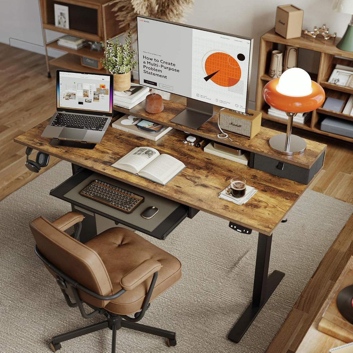 48 * 24 Inch Electric Standing Desk with Shelf & Led, Dark Walnut