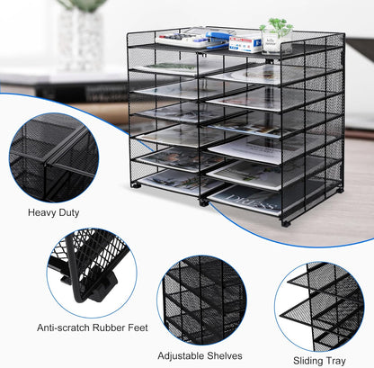 TQVAI 7-Tier Desk Paper Organizer, 12 Slots Mesh Countertop File Mail Organizer, Adjustable Sliding Shelves, Desktop Mailbox Cubbies for Office, Classroom, Black