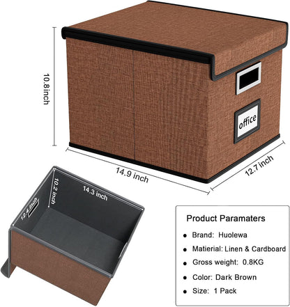 Upgraded Portable File Organizer Box with Lid, Collapsible Linen Hanging Filing Storage Boxes with Plastic Slides, Decorative Home/Office Filing System Box for File and Folders Storage (Gray)