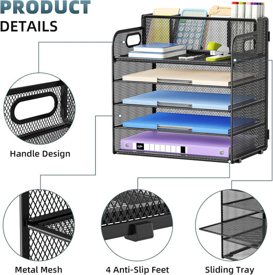 Marbrasse 5 Tier Paper Organizer Letter Tray, Mesh Desk File Organizer with Handle, Paper Sorter Desk Organizer for Home Office Supplies - Black, Adjustable