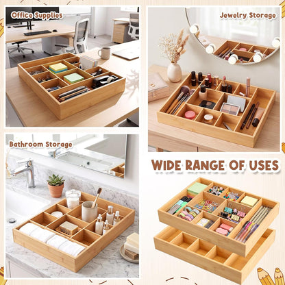 SiliFine 2 Pack Large Bamboo Desk Drawer Organizer, 10 Compartment Organization Tray Junk Drawer Storage Box Multi-use Container Bin for Kitchen, Sewing, Makeup, Office, Bathroom Vanity, 16.5"x12"