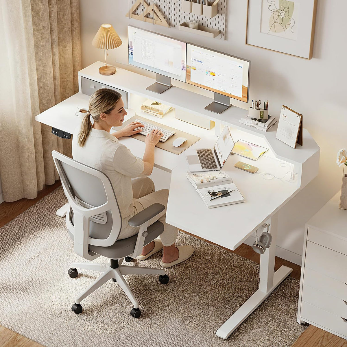 48 * 24 Inch Electric Standing Desk with Shelf & Led, Dark Walnut
