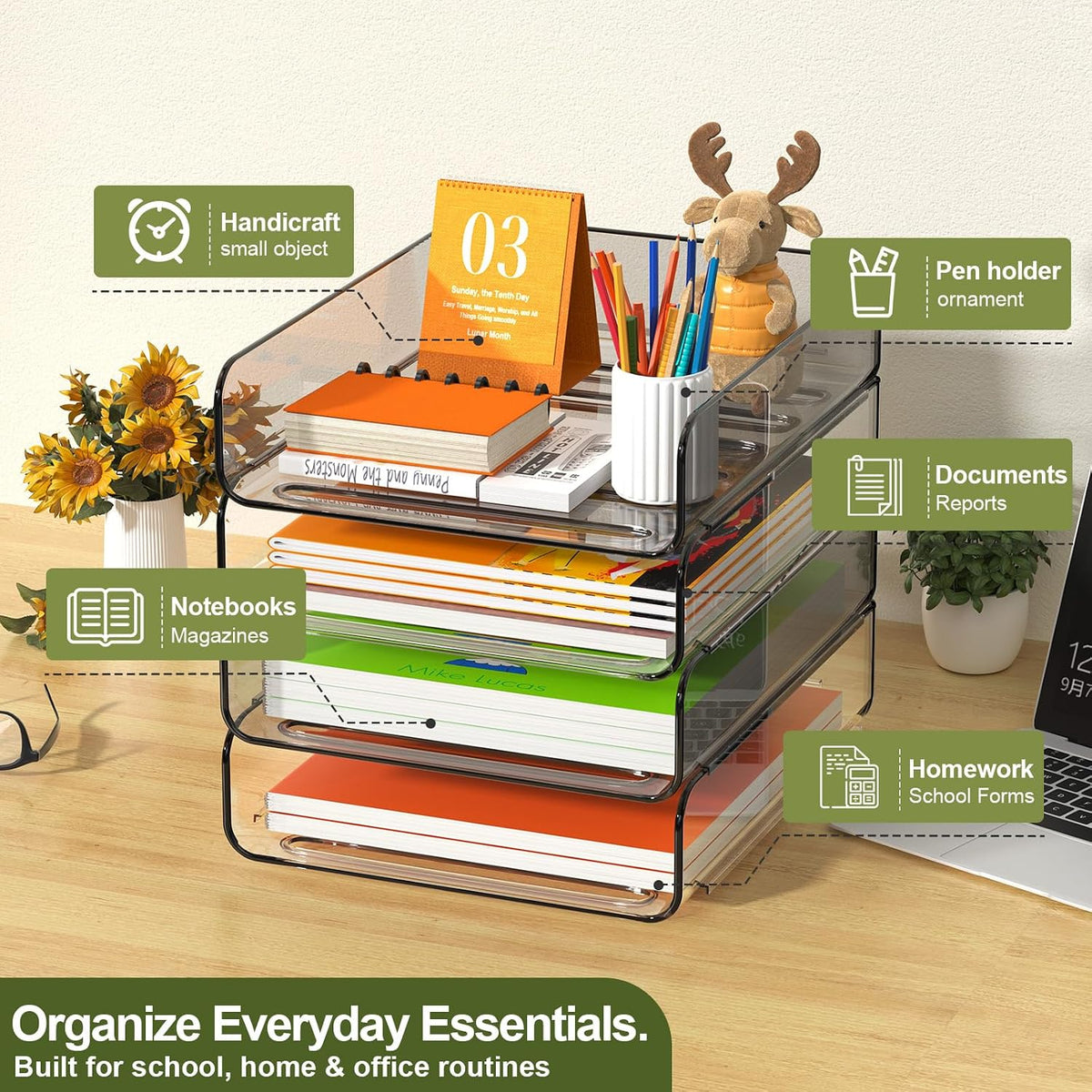FANXIYQ 4-Tier Acrylic Paper Tray Organizer, Clear Stackable Desk File Organizer for Documents, Files, Letters, A4 Paper, Books, Notes, Mail & Paper Storage, Office Classroom Home