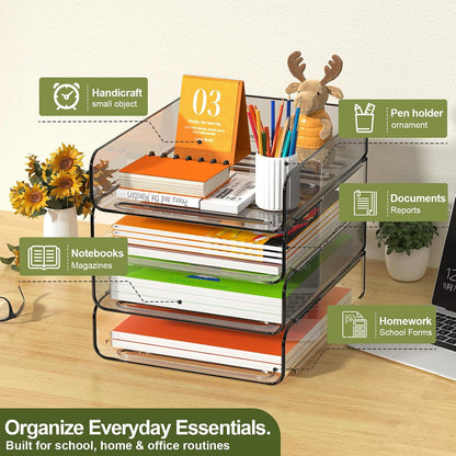 FANXIYQ 4-Tier Acrylic Paper Tray Organizer, Clear Stackable Desk File Organizer for Documents, Files, Letters, A4 Paper, Books, Notes, Mail & Paper Storage, Office Classroom Home