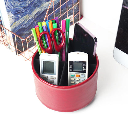 Round Leather Art Supply Organizer,Remote Control Holder,360 Degree Rotating,Multi-Functional Pencil Holder,4 Compartments Desktop Stationary Organizer(1-Blue Bird) - Colors B