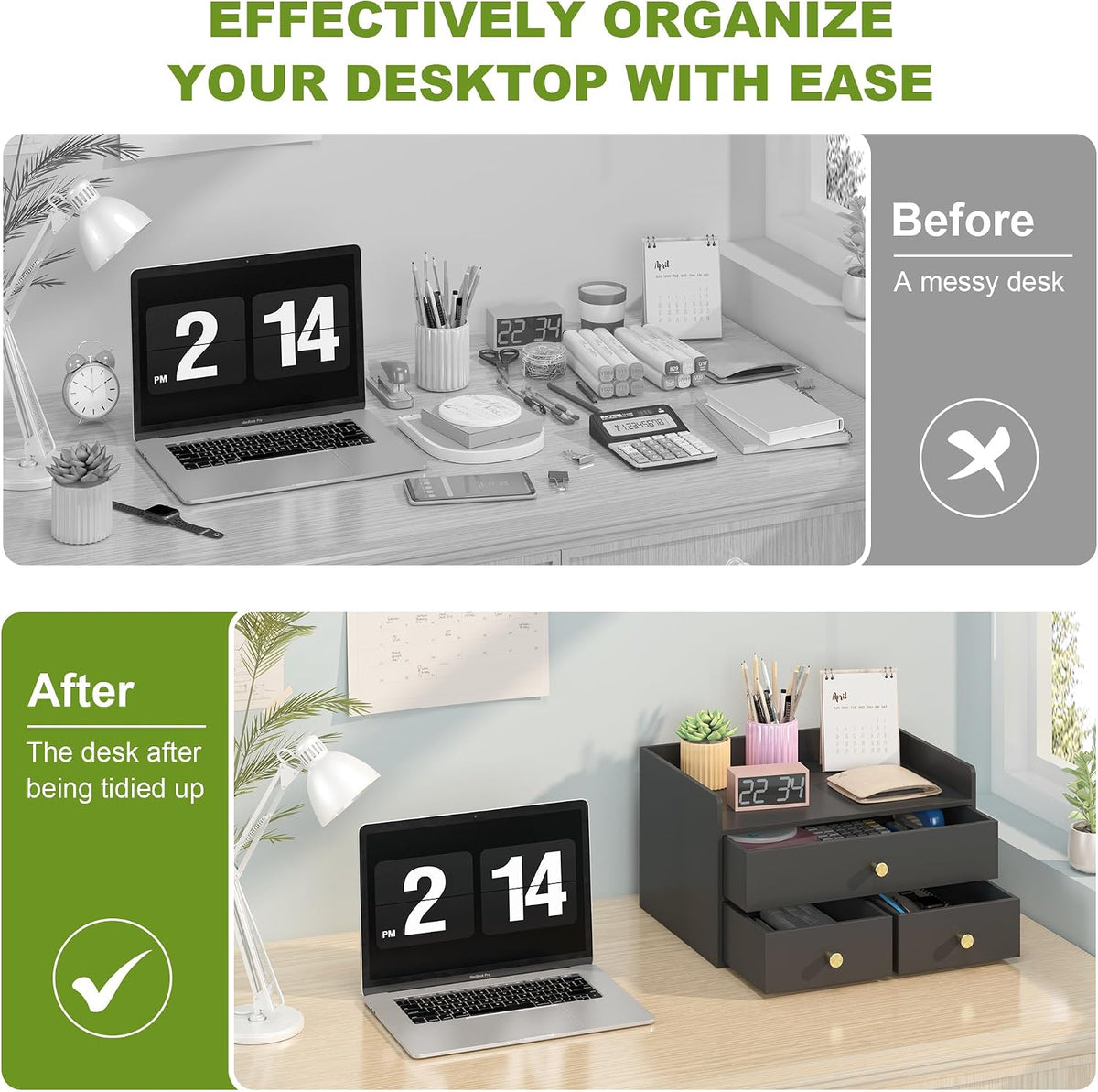 Bamboo Desk Organizer with Drawers Wooden Desktop Storage Drawers (1, Black 3 Drawer)