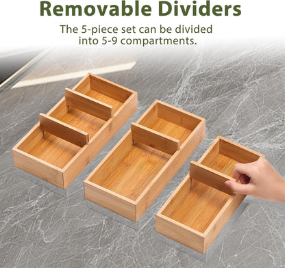 Vincona Bamboo Drawer Organizers Set, 5-Piece Multi-Use Wood Storage Organizers, Desk Drawer Tray for Kitchen, Bathroom, Office, Dresser, Bamboo Box Bin for Jewelry, Makeup, Junk, Gadgets