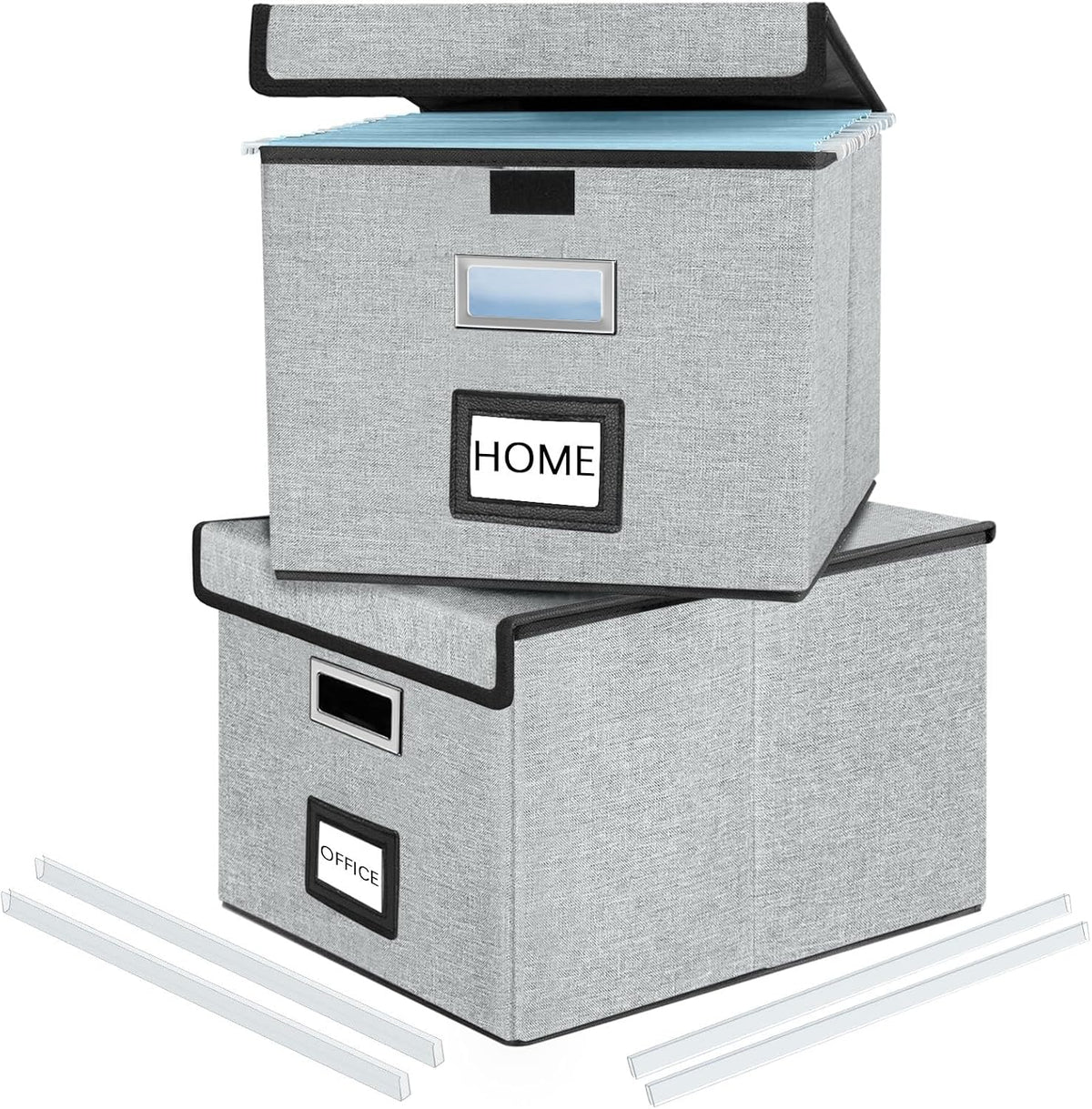 Upgraded Portable File Organizer Box with Lid, Collapsible Linen Hanging Filing Storage Boxes with Plastic Slides, Decorative Home/Office Filing System Box for File and Folders Storage (Gray)