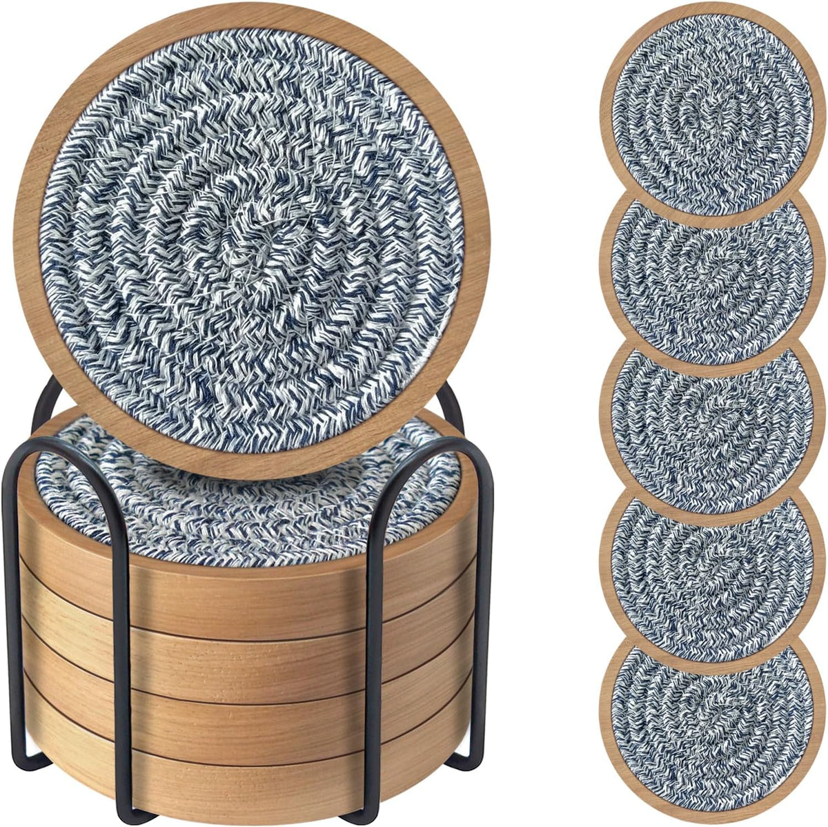 Wood Coasters for Drinks, Eykao Absorbent Coaster Sets of 5, Woven Drink Coasters for Coffee Table, Housewarming Gift for Farmhouse Home Decor,4 inches