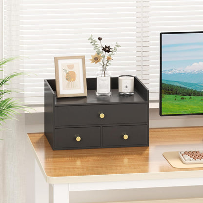 Bamboo Desk Organizer with Drawers Wooden Desktop Storage Drawers (1, Black 3 Drawer)