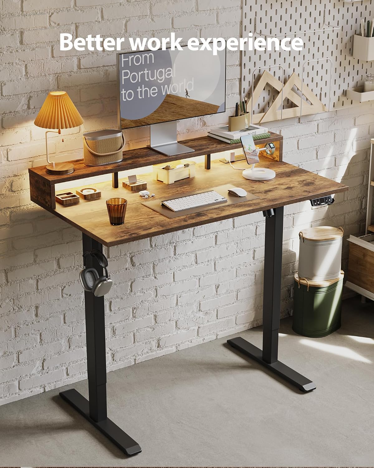 48 * 24 Inch Electric Standing Desk with Shelf & Led, Dark Walnut