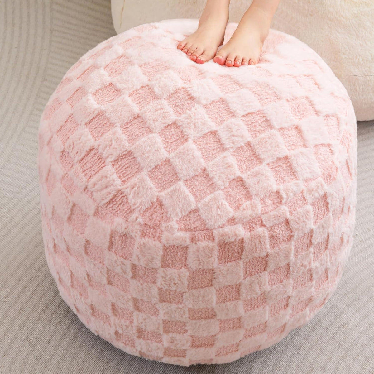 Round Stuffed Pouf Ottoman, Corduroy Poufs with Foam Chunk Filling, Furry and Fluffy Pouf Foot Stool Storage Ottoman, 20 X 15 Floor Poufs Foot Rest for Living Room, Dark Grey