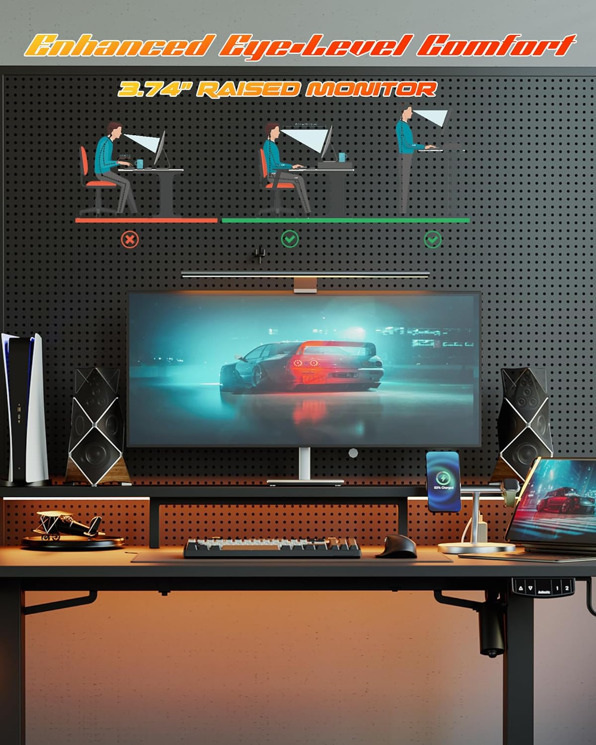 48 * 24 Inch Electric Standing Desk with Shelf & Led, Dark Walnut