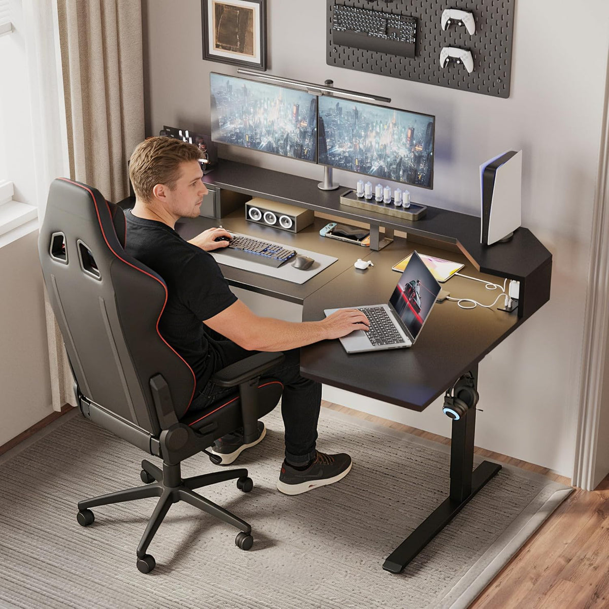 48 * 24 Inch Electric Standing Desk with Shelf & Led, Dark Walnut