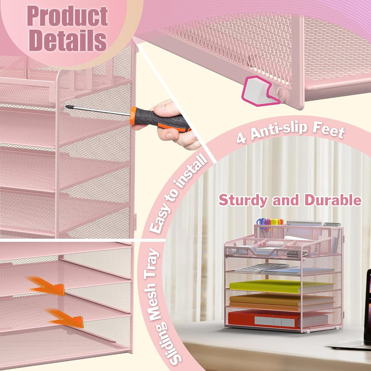 Docnest 5 Tier Mesh Desk Organizer for Paper Office Supplies – Multi-Functional Letter Tray with 5 Adjustable Compartments, 3 Pen Holders, Desktop Storage for Files, Mail, Stationery – Black