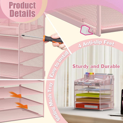 Docnest 5 Tier Mesh Desk Organizer for Paper Office Supplies – Multi-Functional Letter Tray with 5 Adjustable Compartments, 3 Pen Holders, Desktop Storage for Files, Mail, Stationery – Black