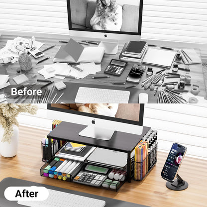 Desk Organizer and Accessories with Cellphone Holder, Height Adjustable 2-Tier Computer Monitor Stand Riser with Drawer and 2 Pen Holders,Office Desk Accessories for Office Supplies, Black