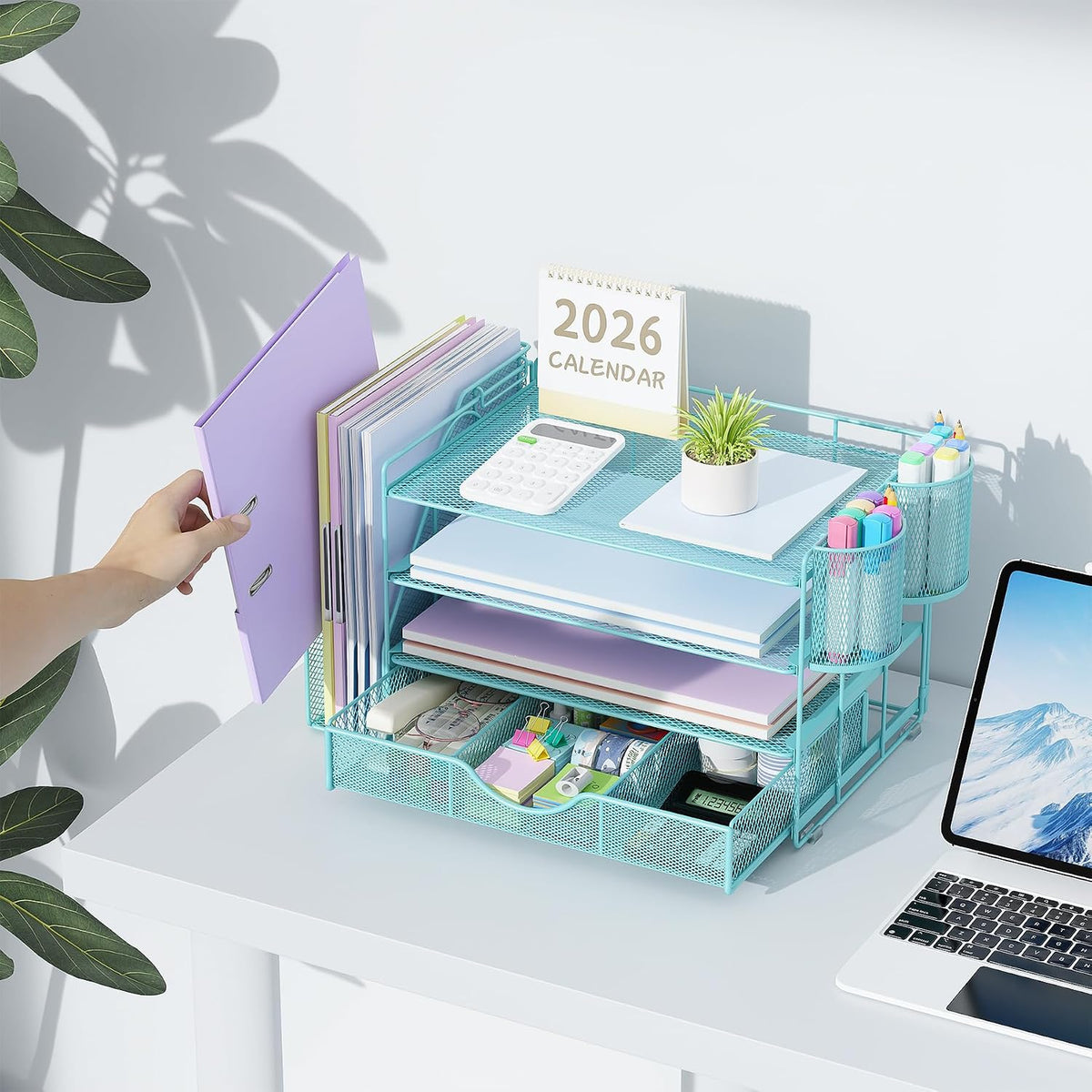 gianotter Desk Organizers and Accessories with File Holder, 4-Tier Desk Accessories & Workspace Organizers with Drawer and 2 Pen Holder, Paper Organizer for Office Supplies (Rose Gold)