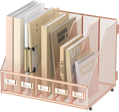 Desk Organizers Metal Desk Magazine File Holder with 5 Vertical Compartments Rack File Organizer for Office Desktop, Classroom, Home Workspace, Black