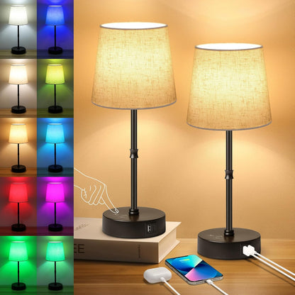 Ascher Small Bedside Table lamp, RGB Color Changing Lamps, 3 Color Temperatures, Dimmable Nightstand Lamp with USB C+A Ports, Touch Desk Lamp for Bedroom Living Room, H11.4in(Flaxen Shade)