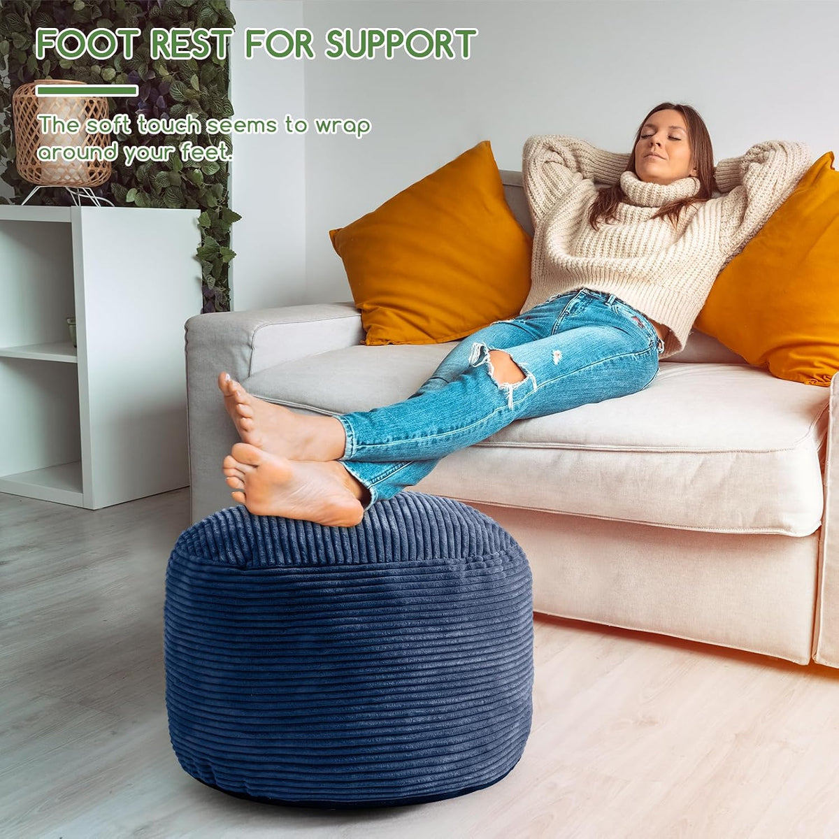 Round Stuffed Pouf Ottoman, Corduroy Poufs with Foam Chunk Filling, Furry and Fluffy Pouf Foot Stool Storage Ottoman, 20 X 15 Floor Poufs Foot Rest for Living Room, Dark Grey