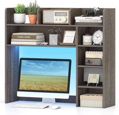 Desktop Bookshelf, Countertop Storage Hutch with 5 Shelves for Computer Desk, Desk 3-Tier Display Rack, Multipurpose Wood Desktop Hutch Storage Organizer for Dorm Office Home