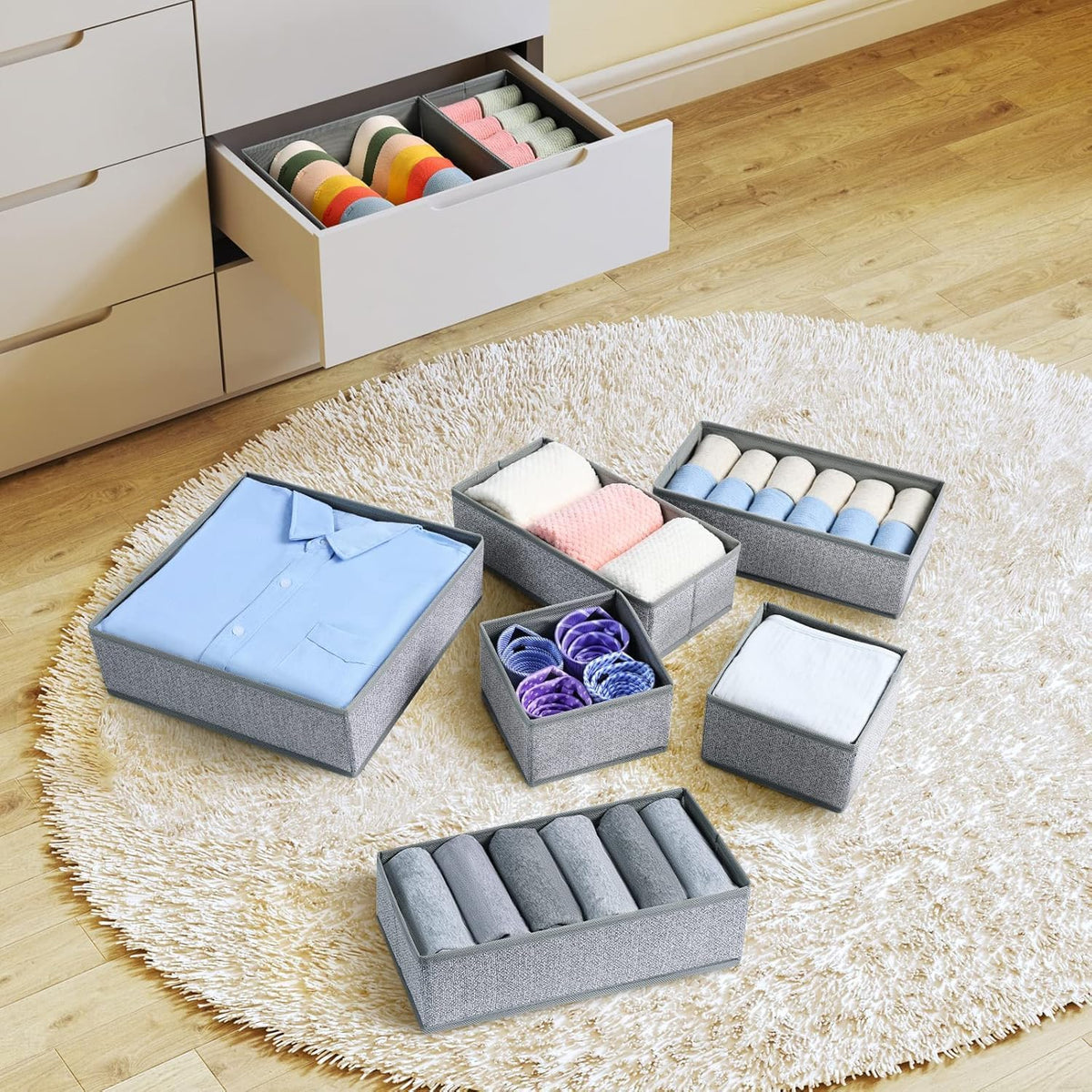 Drawer Organizer Clothes, Dresser Organizer, Foldable Closet Organizers and Storage, Fabric Dresser Bins, Drawer Dividers for Nursery, Baby Clothes, Underwears, Sock (Beige)