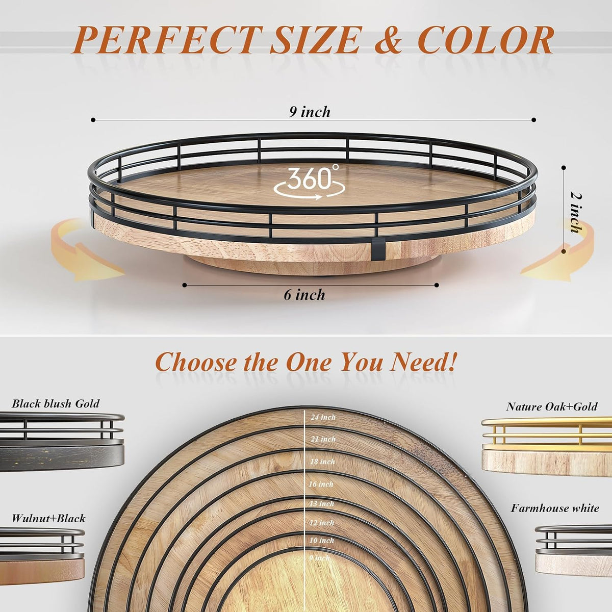 Farmhouse Oak 9" Lazy Susan Turntable Organizer for Cabinet, Round Wooden Lazy Susan Organization and Storage for Dining Table, Pantry, Kitchen, Countertop, Cupboard,Home Decor, Walnut Wood