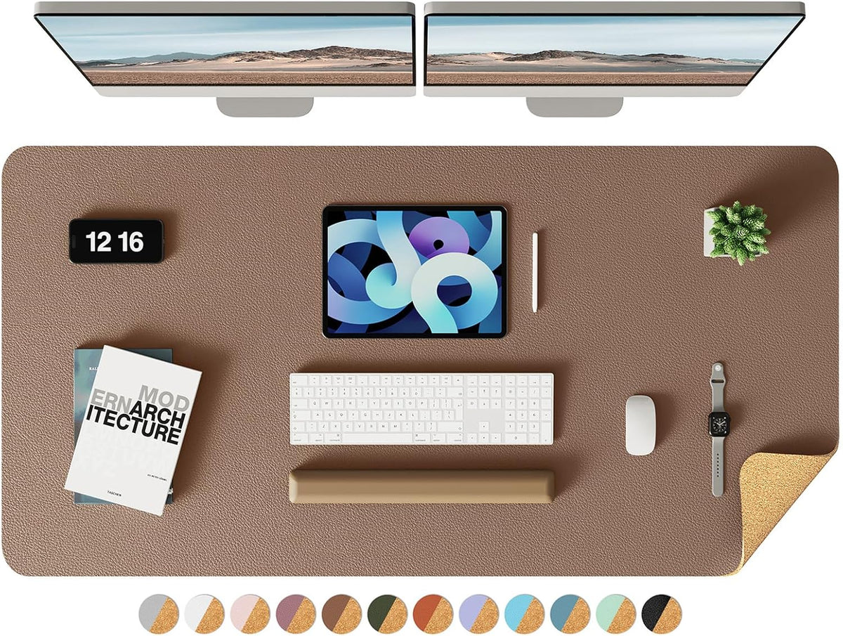 Double-Sided Desk Pad, 31.5"x15.7"Leather Desk Mat, Eco Cork Desk Pad Protector,Large Mouse Pad,Waterproof Desk Blotter for Office/Home(Coffee)