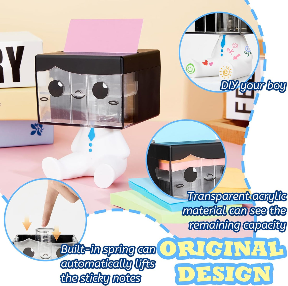 Pop-up Notes Dispenser for Desk, Idea Boy Sticky Note Holder for Office School, Cute Office Supplies, 3x3 in, Magnetic Design, White, 1 Pack
