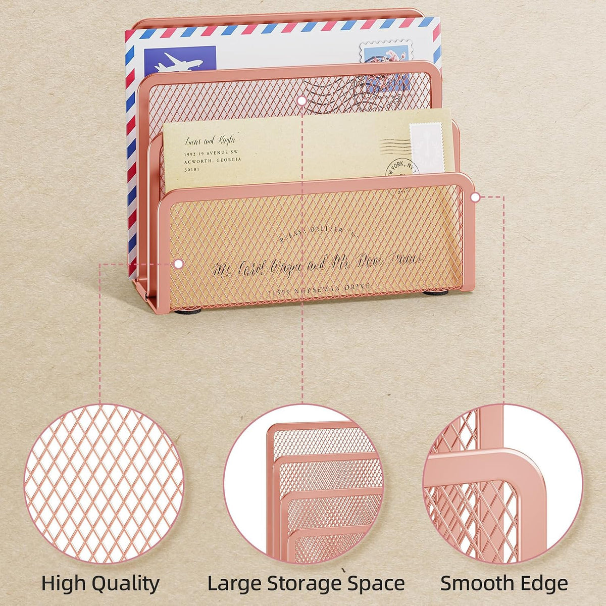 Marbrasse Mail Organizer for Desk, 3-Slot Mesh Metal Mail Holder countertop, Letter Holder, Office Desktop Envelope and Document Storage Rack (2P)