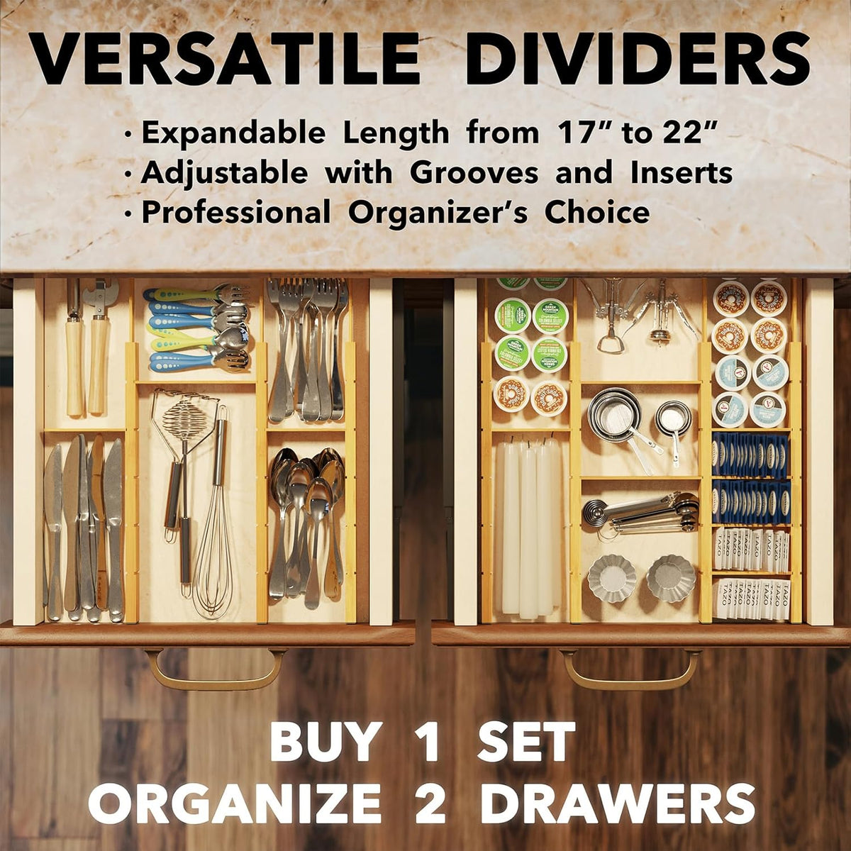 SpaceAid Bamboo Drawer Dividers with Inserts and Labels, Kitchen Adjustable Drawer Organizers, Expandable Organization for Home, Office, Dressers, 4 Dividers with 9 Inserts (17"-22" Natural)